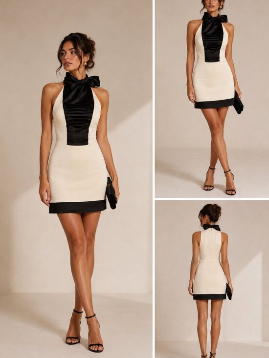 N/A Dresses & Skirts - Black & Cream Satin/silk Halter Mini Dress XS/S